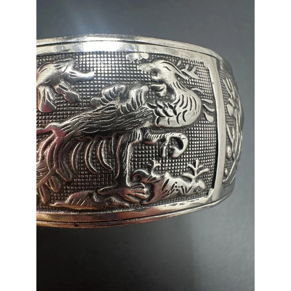 Antique Miao Silver Cuff Bracelet Late 1800s Handmade Talisman Of Eternal Love